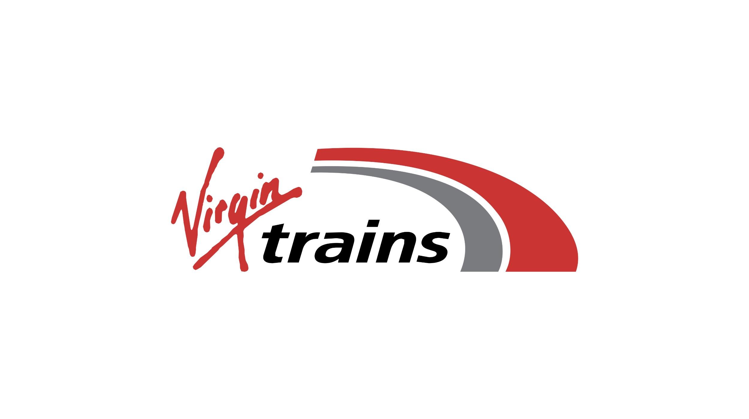 Virgin Trains logo with red and gray swoosh design on a white background.