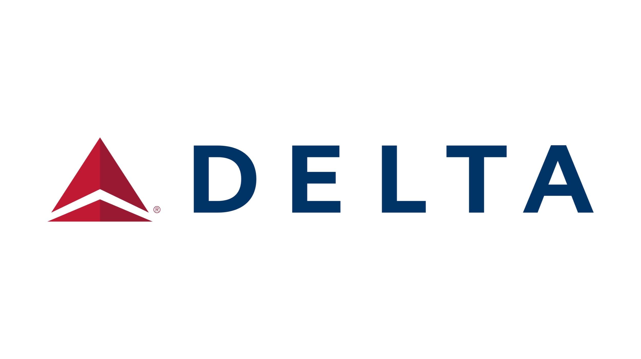 Delta Air Lines logo with a red triangle emblem and blue lettering.