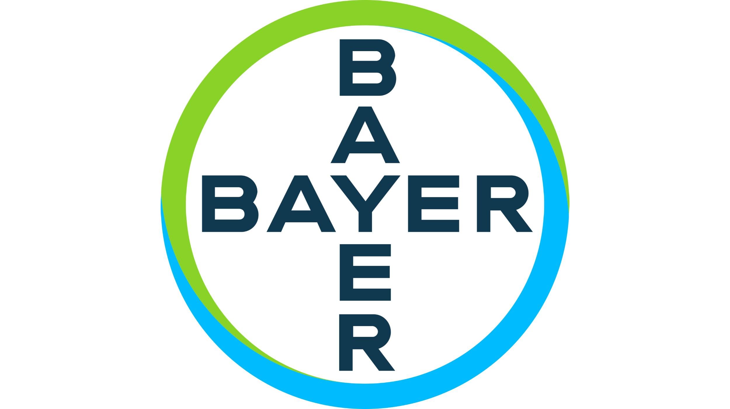 Bayer logo featuring a green and blue circle with the word 'BAYER' written vertically and horizontally inside.