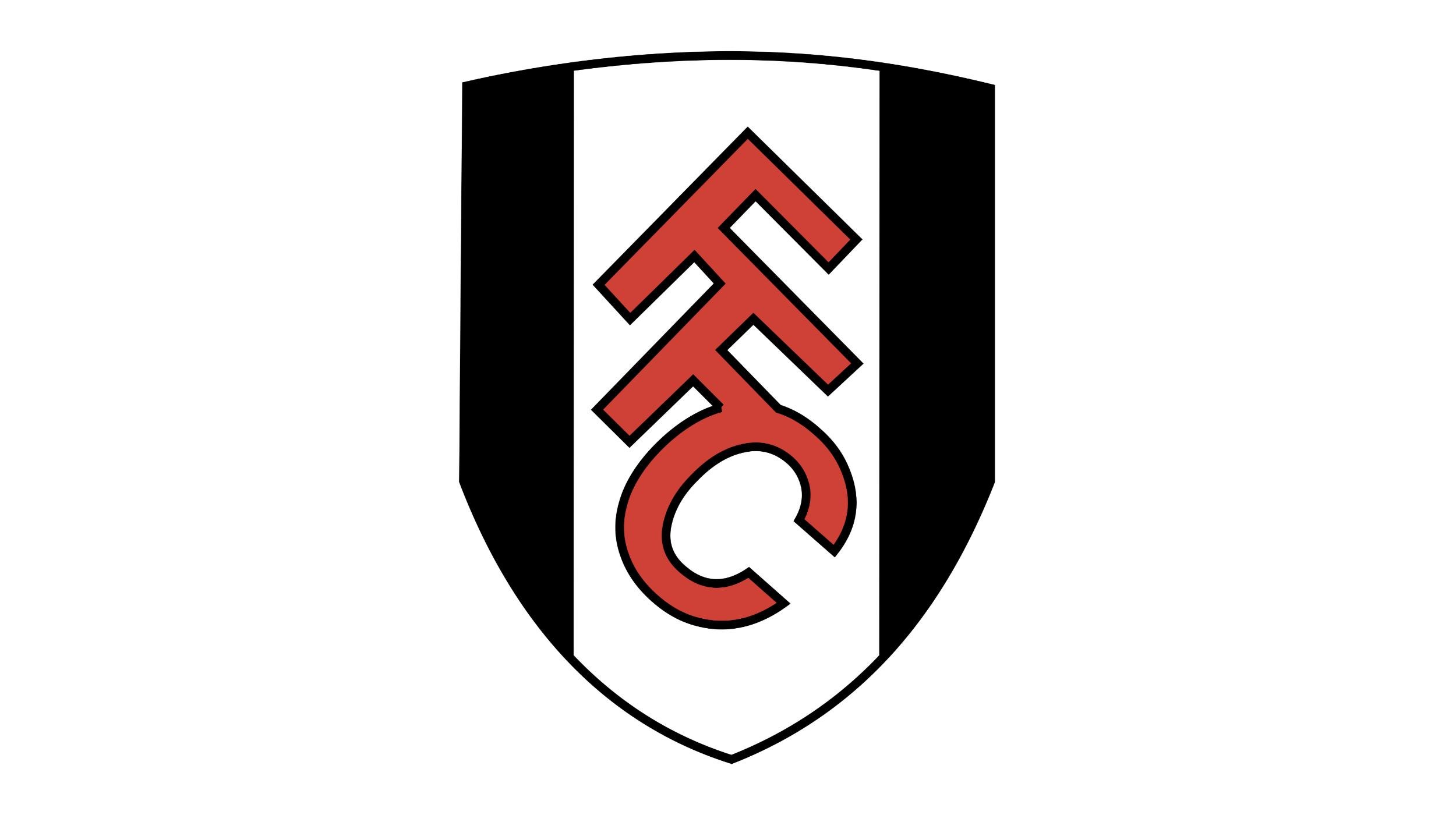 Fulham FC logo with black and white stripes and red letters "FFC."