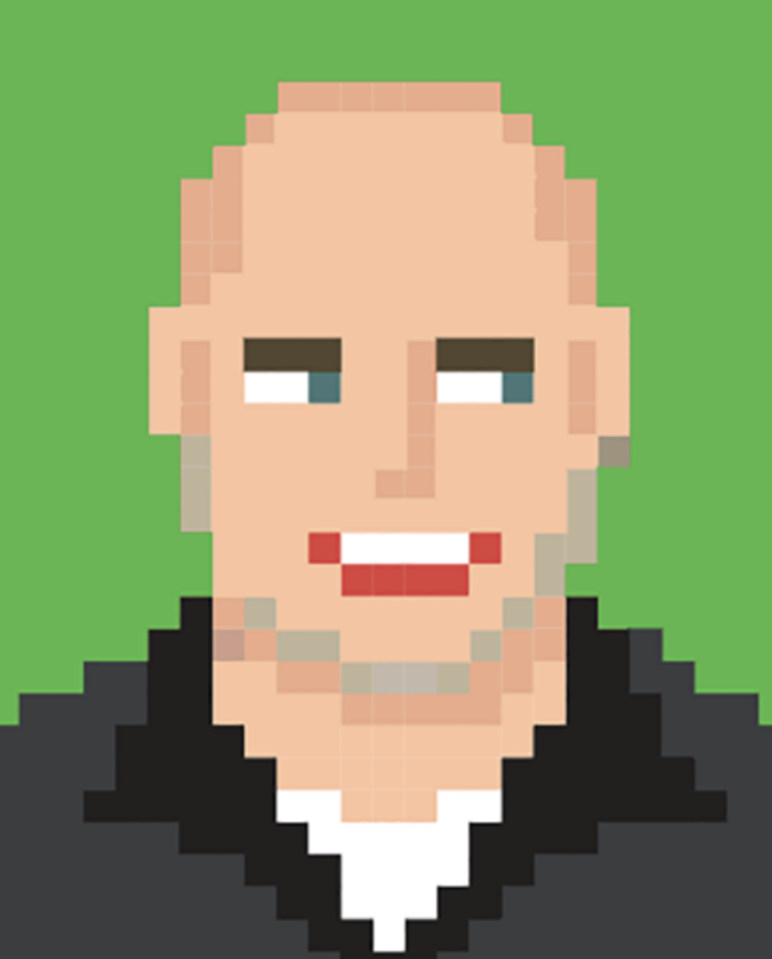 Pixel art portrait of Joel Kilby with a bald head, light skin, and wearing a black jacket and white shirt against a green background.