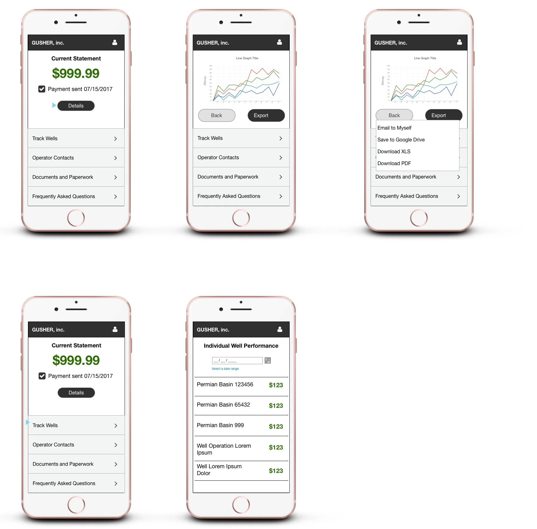 Wireframes mocked up to show how they'd look in a mobile phone.