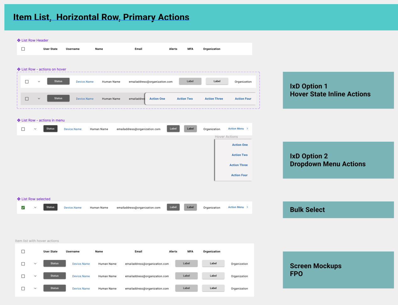 This screenshot of my Figma file shows some interaction design ideas we tested for multi-tenant user and device management. Allowing first-ever bulk action workflows, simplifying customers' journey, and driving acquisition of high-value logos! 