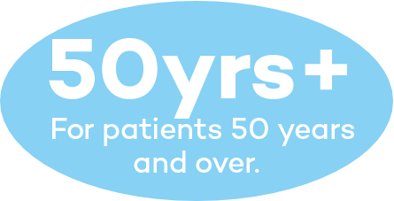 Blue oval sign with white text saying '50yrs+ for patients 50 years and over'.