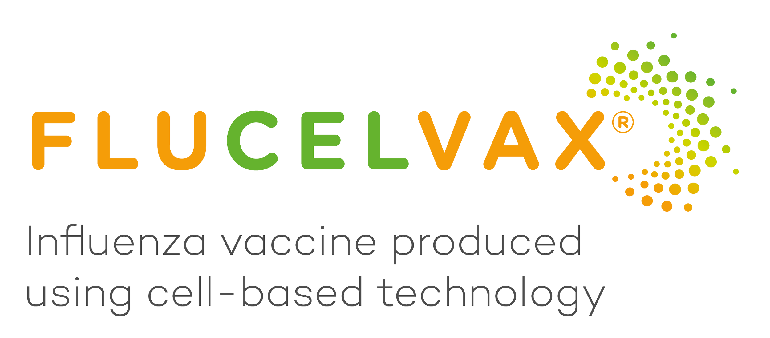 Logo for Flucelvax, a vaccine produced using cell-based technology, with colorful design and scientific elements.
