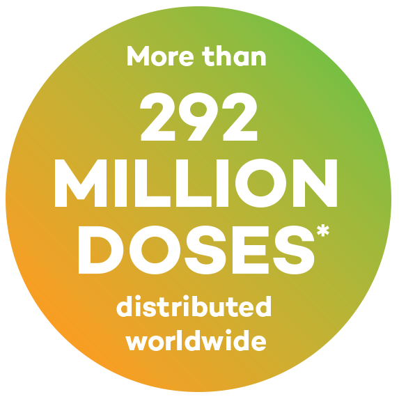 Green and orange gradient background with white text stating 'More than 292 million doses* distributed worldwide'.