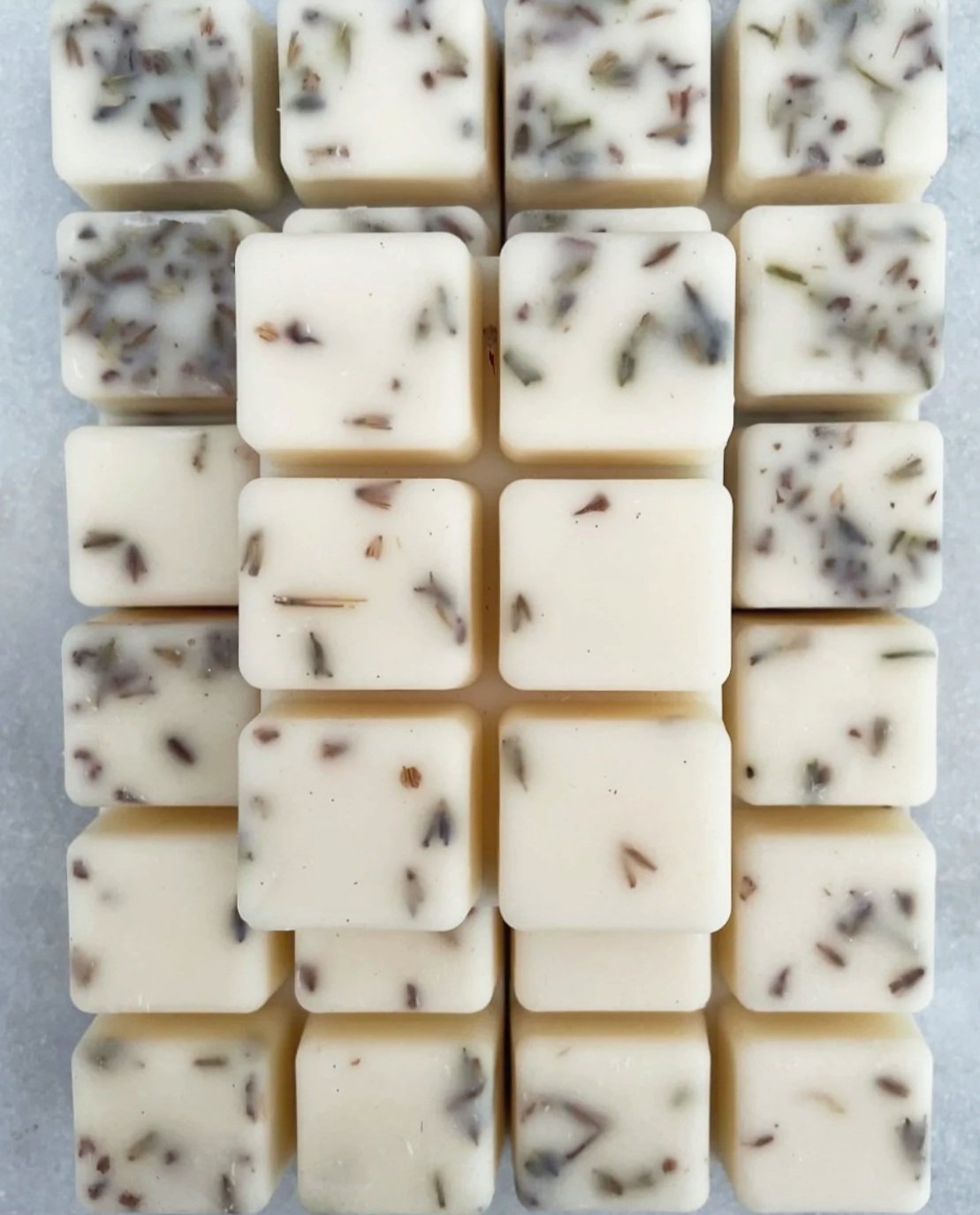 A grid of white chocolate squares with small pieces of nuts or dried fruit embedded inside.