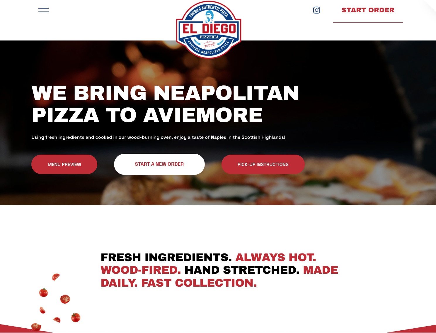 Homepage of El Diego Pizzeria, featuring a background image of a pizza and buttons for menu preview, starting a new order, and pickup instructions. Logo at top center, with text highlighting Neapolitan pizza, fresh ingredients, wood-fired oven, and daily handmade preparation.