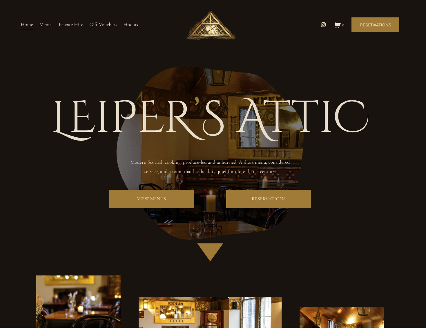 Home page of Leiper's Tatic restaurant website featuring a dark background, large text with the restaurant's name, and images of the interior dining area with candles and wooden furniture.