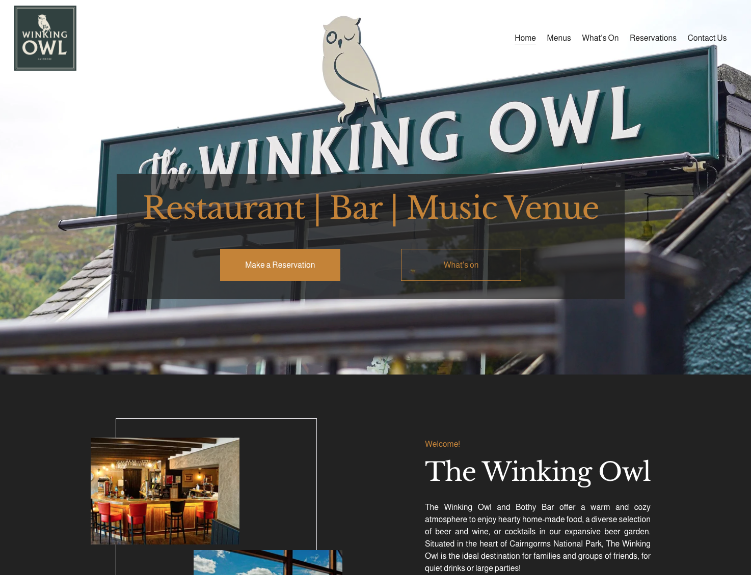 A website homepage for The Winking Owl, a restaurant, bar, and music venue, featuring a sign with an owl logo and a menu option for reservations and 'What's On'.