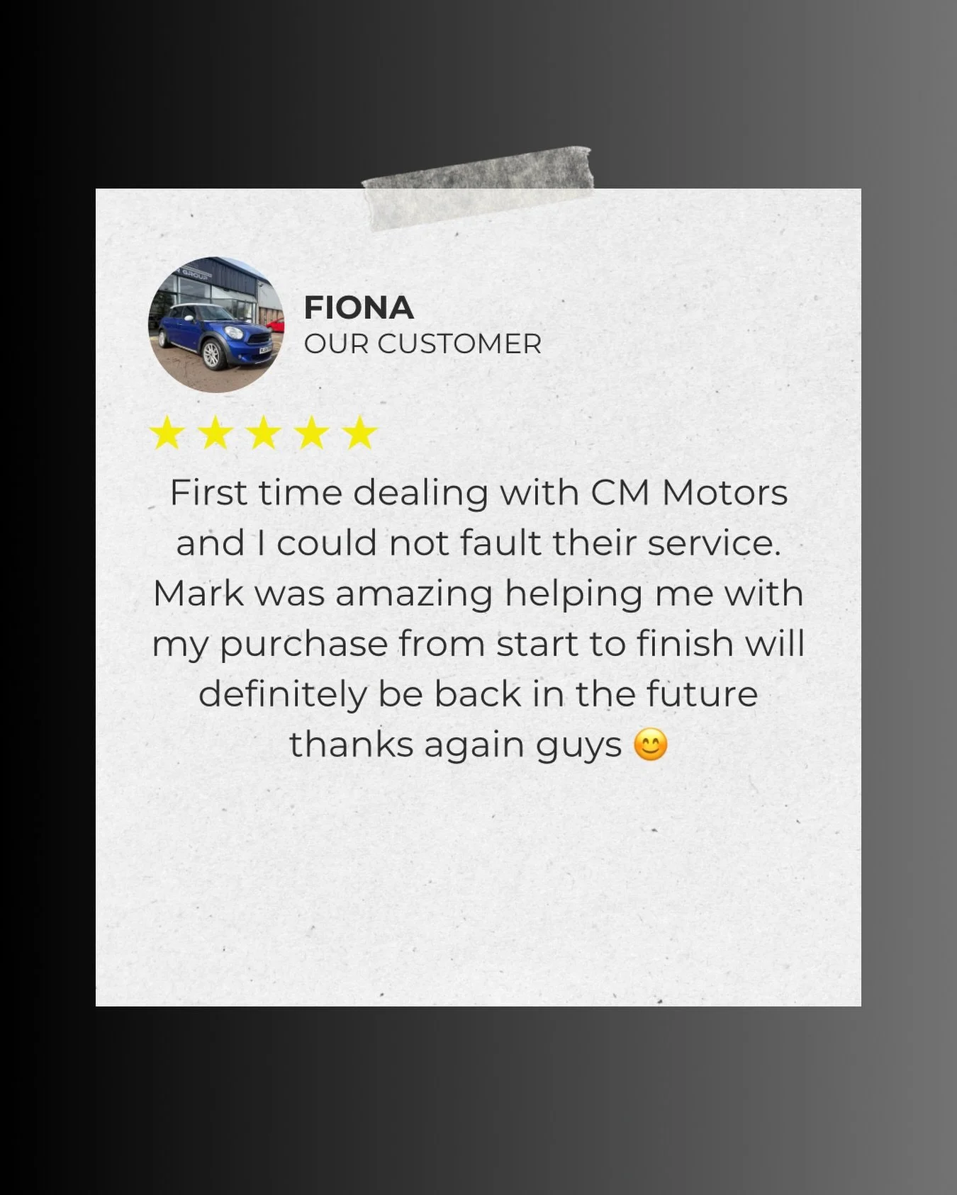 ⭐️ Another happy customer at CM Motor Group!

Thank you Fiona for the amazing 5-star review 😊 We&rsquo;re delighted to hear Mark made the whole process smooth and stress-free from start to finish. Enjoy your new car and we look forward to seeing you