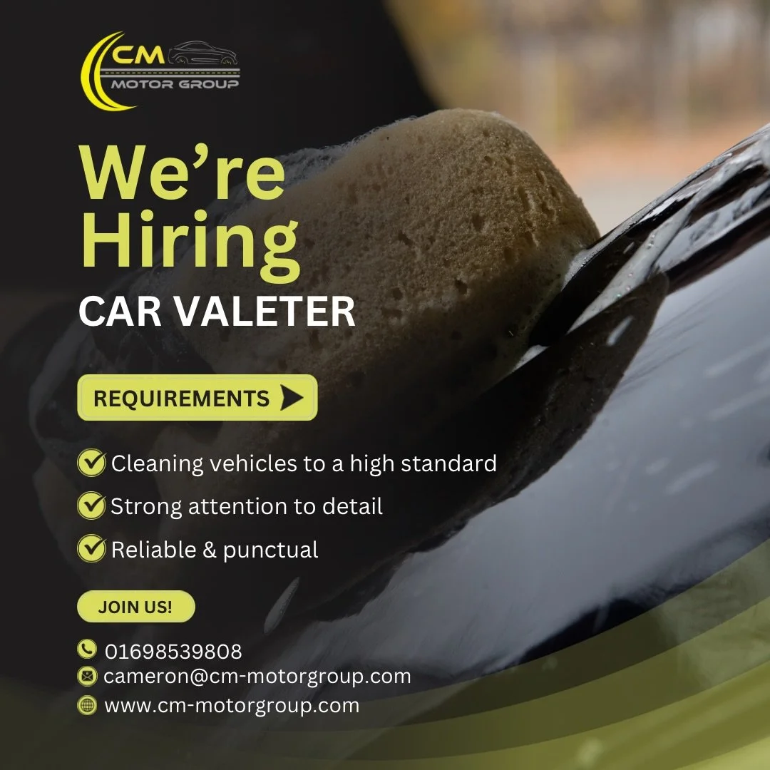 🚗 WE&rsquo;RE HIRING &ndash; VALETER WANTED 🚗

CM Motor Group is looking for a full-time Valeter to join our team in Strathaven, South Lanarkshire.

📍 Full Time
🕣 Monday &ndash; Friday, 8:30am &ndash; 5:30pm
📅 Immediate Start Available

Previous