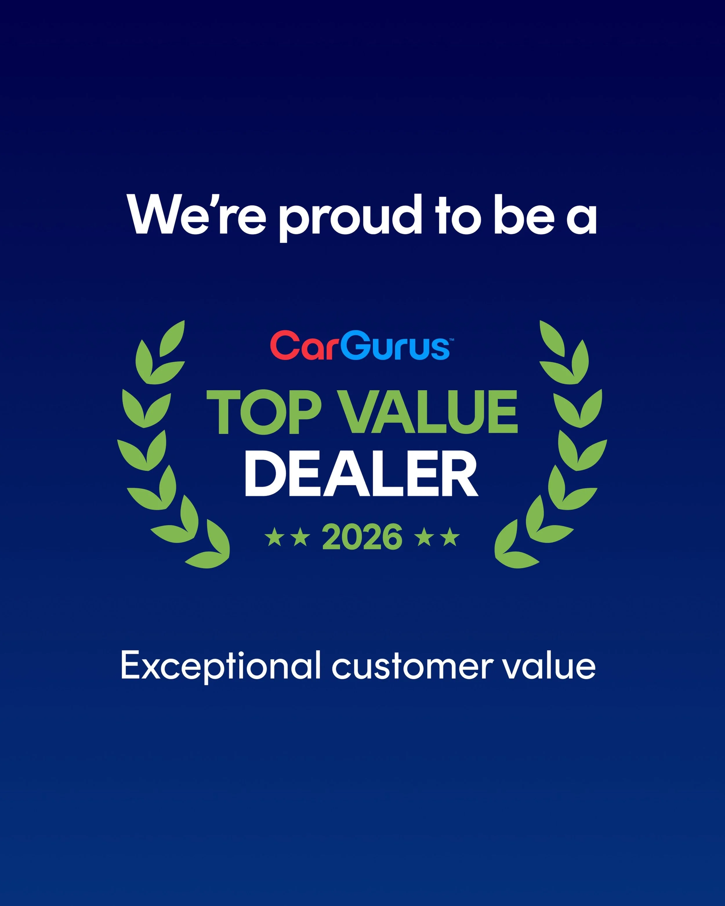 🏆 WE&rsquo;VE BEEN RECOGNISED! 🏆

We&rsquo;re absolutely delighted to have been recognised as a 2026 CarGurus Top Value Dealer! 🚗✨

It&rsquo;s a huge achievement for our team and reflects the hard work we put into offering great cars, great value 