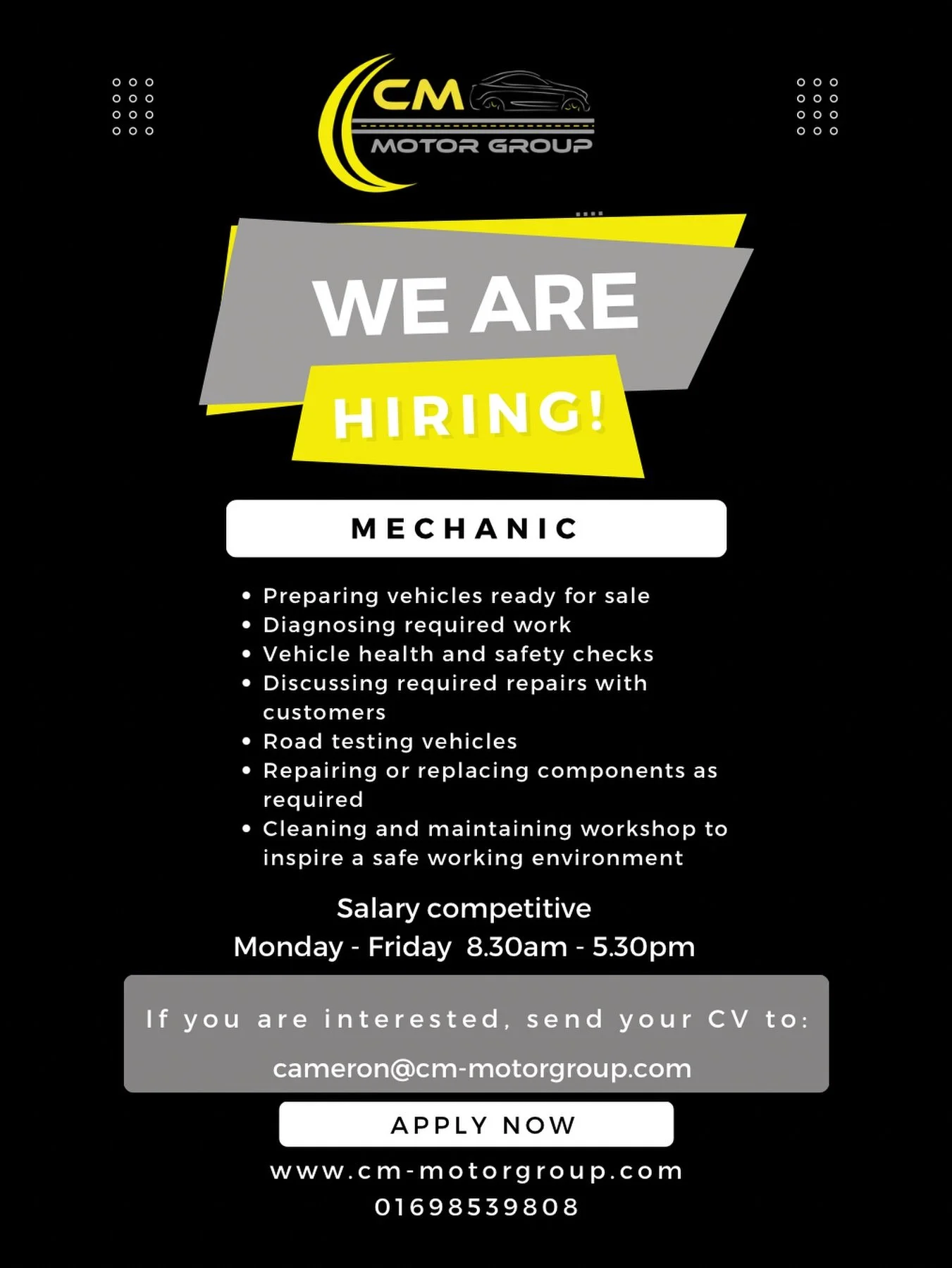 🔧 WE&rsquo;RE HIRING! 🔧

CM Motor Group are looking for an experienced Mechanic to join our growing team! 🚗

If you&rsquo;re confident working across a range of vehicles, diagnosing faults and preparing cars to our high standards, we&rsquo;d love 