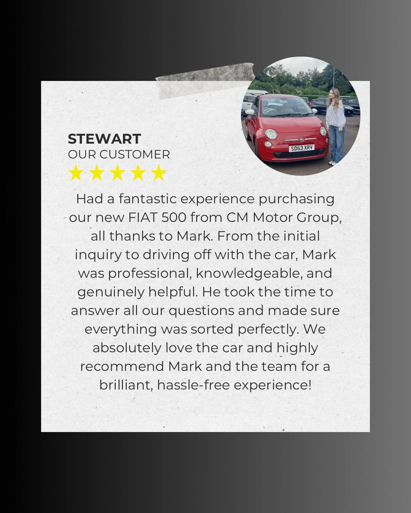 🚗⭐ Another fantastic customer review!

A huge thank you to Stewart for choosing CM Motor Group and for the brilliant 5-star feedback! 🙌

It&rsquo;s great to hear that Mark made the whole experience professional, knowledgeable and hassle-free from s