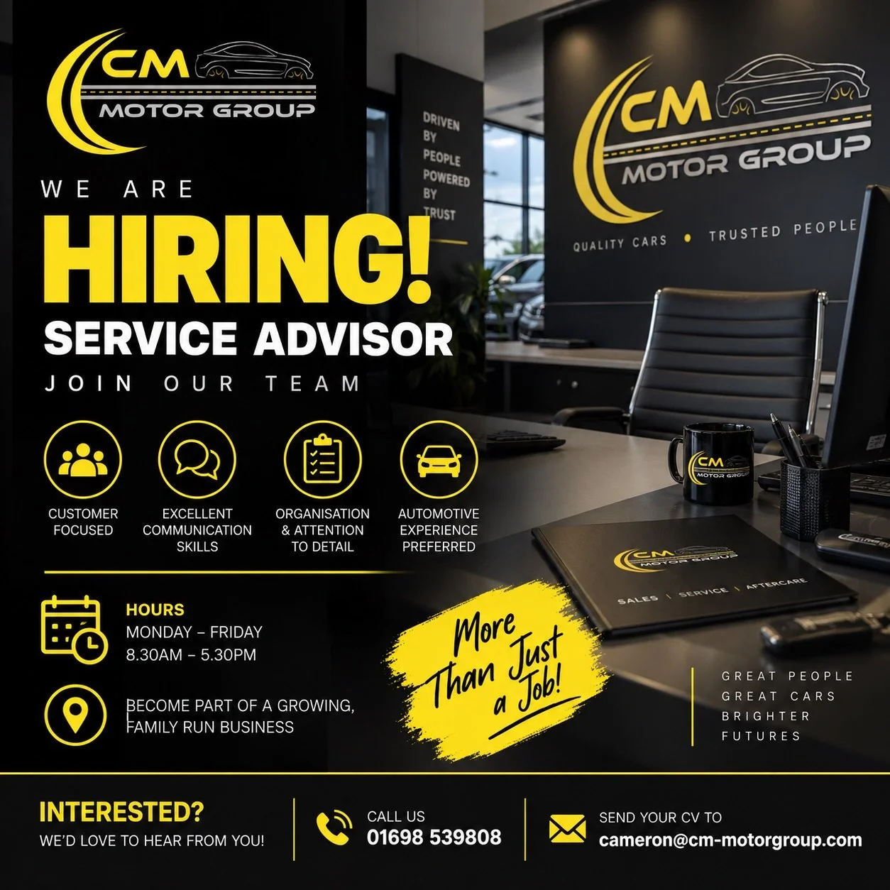 🚨 WE&rsquo;RE HIRING! 🚨

Are you passionate about cars and great with people? We&rsquo;re looking for a Service Advisor to join the team here at CM Motor Group! 🚗🔧

We&rsquo;re looking for someone who is:
✨ Customer focused
💬 A confident communi