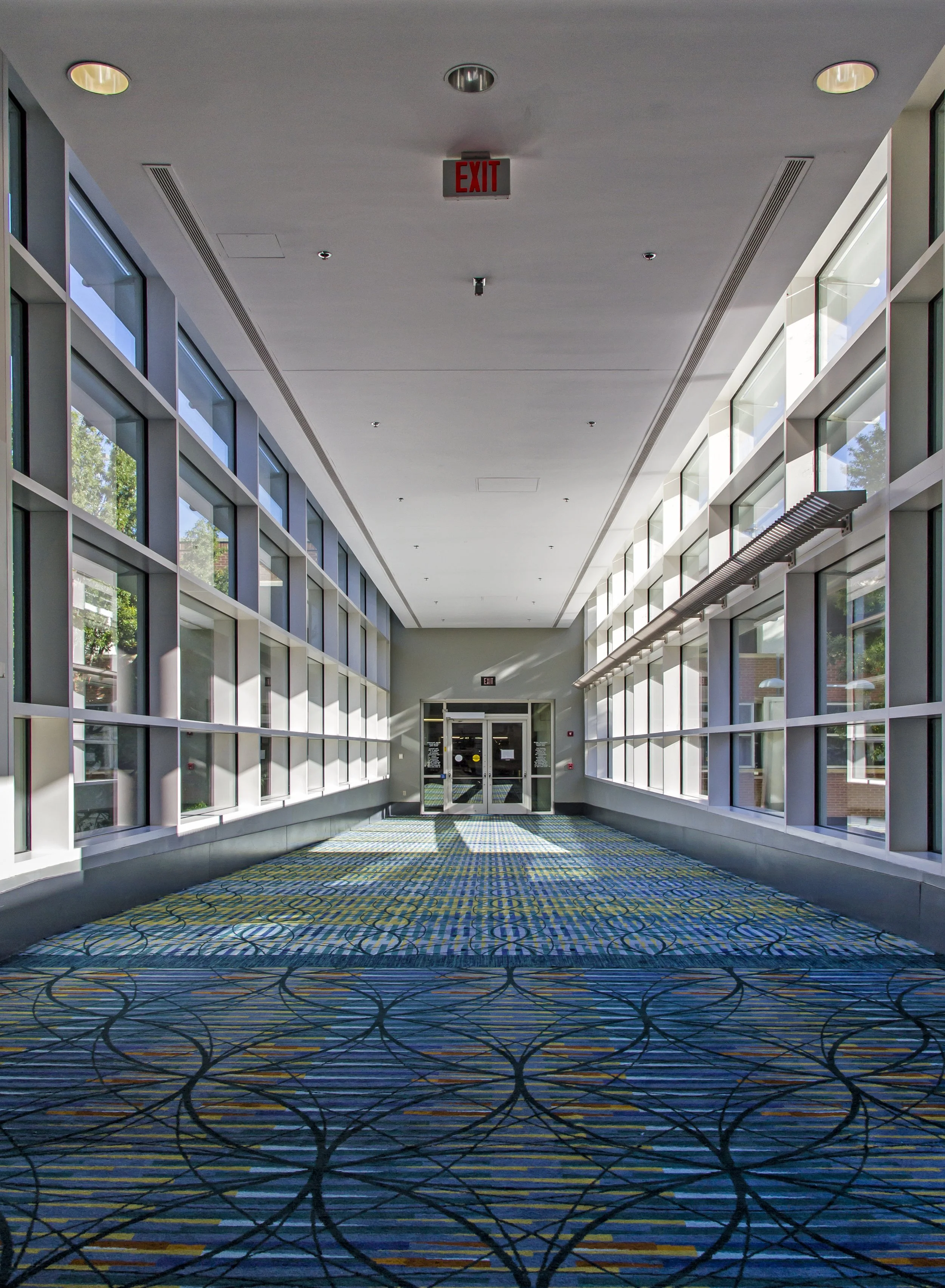 Empty corridor with large windows on both sides, patterned carpet, and glass doors at end, illuminated by natural sunlight and ceiling lights.