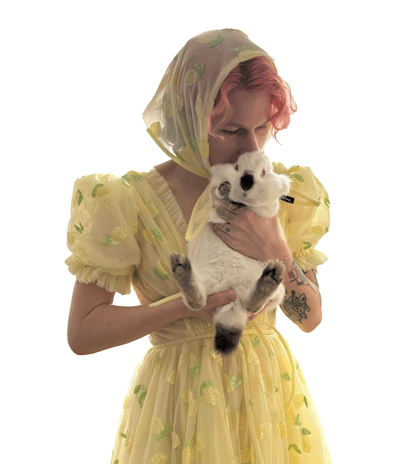 Cloudberry Tattoo artist with pink hair and arm tattoos, wearing a yellow lemon dress and holding a white rabbit.