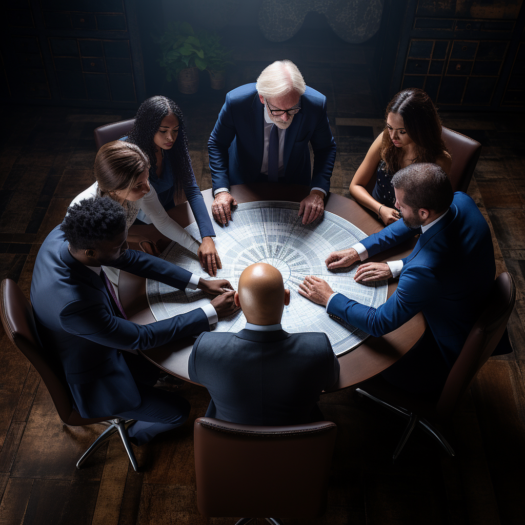 Directivos empresariales reunidos para planificar y gestionar estrategias.