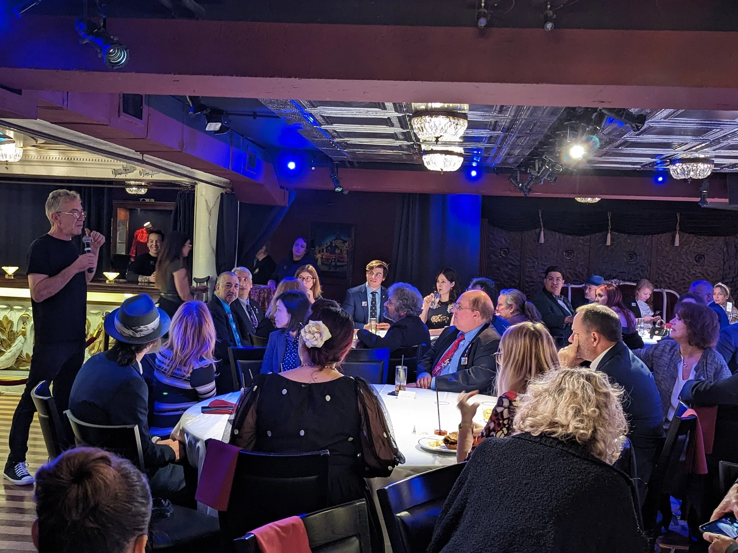 A man is speaking into a microphone at an event with seated attendees listening. The room has a dark, ornate ceiling with chandeliers and blue lighting.