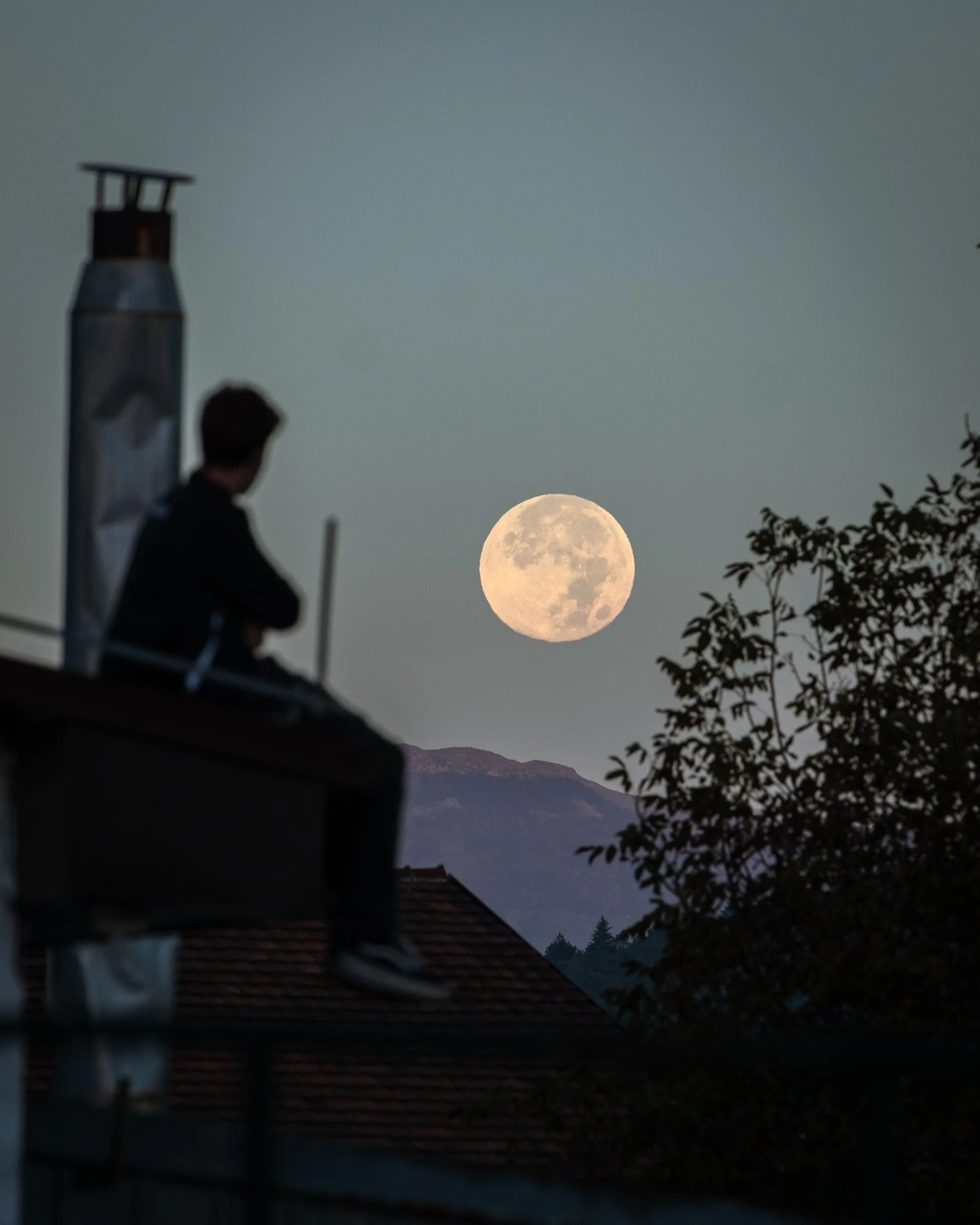 Full Hunter’s Moon setting over Ohrid, Macedonia