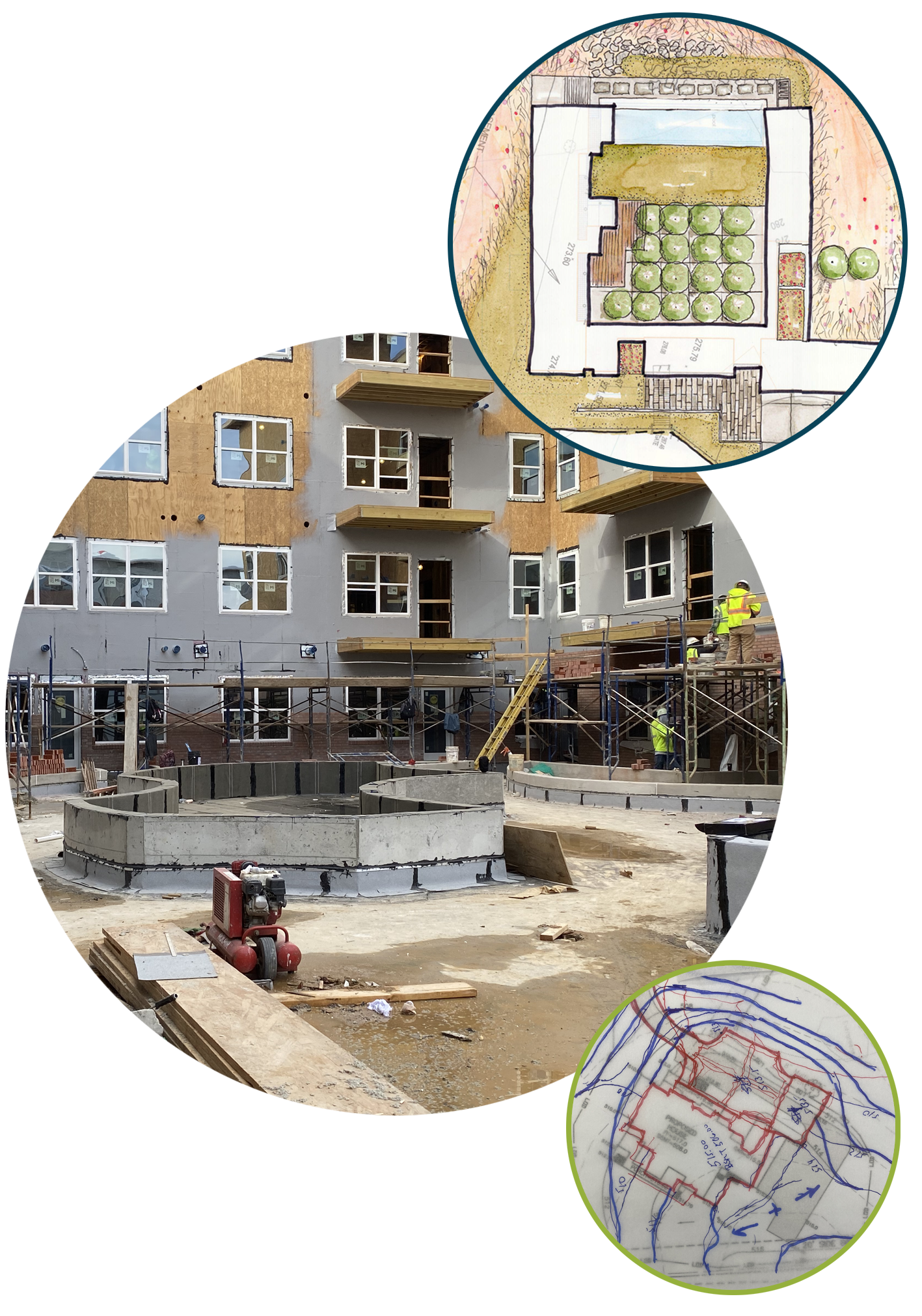 A collage of three overlapping circles: the first is a sketch of an outdoor residential area, the largest circle shows a courtyard around an apartment building under construction, and the third is a sketch