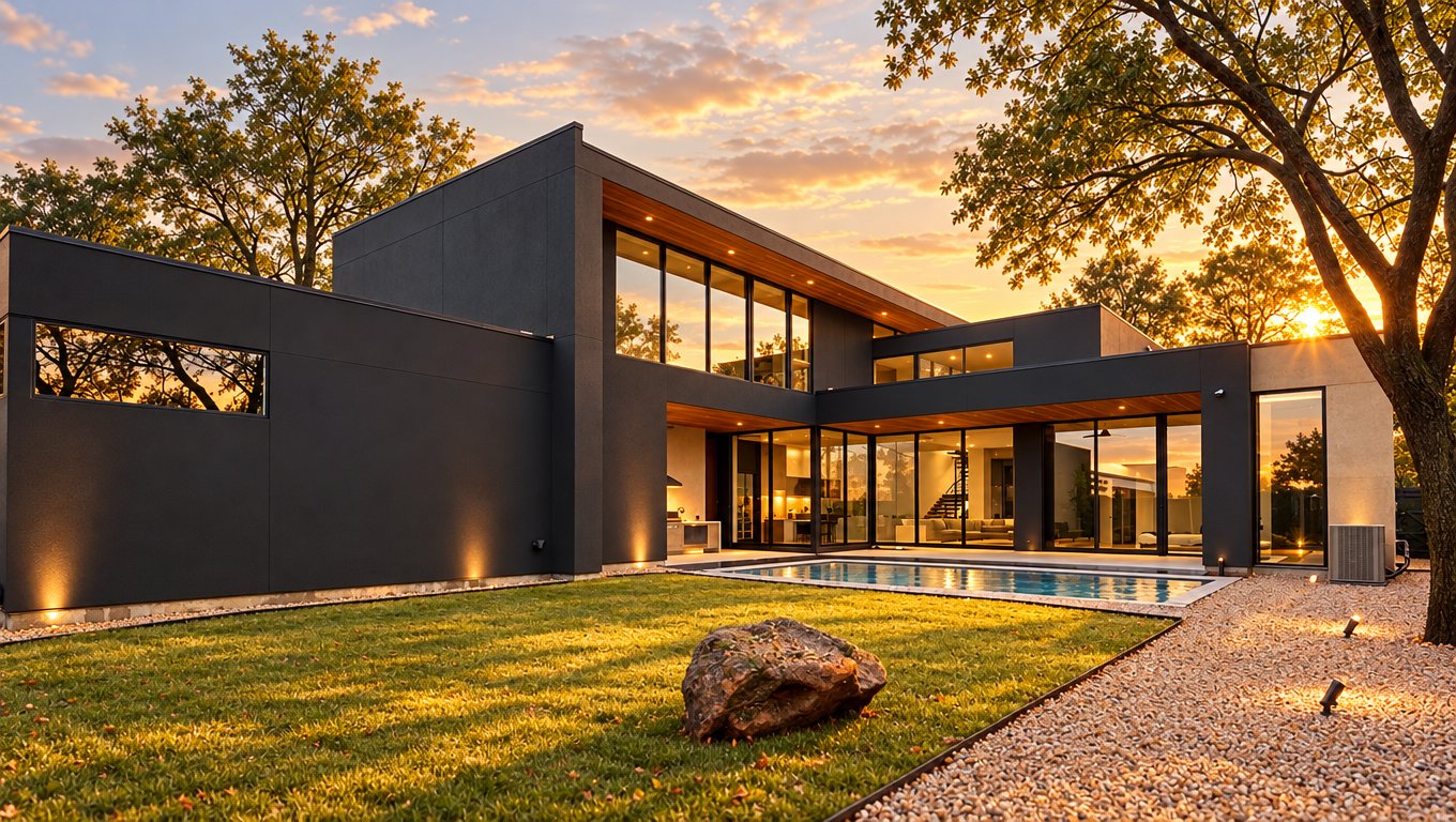 Luxury modern home with a sleek black exterior, expansive floor-to-ceiling windows, a private swimming pool, landscaped backyard, and warm architectural lighting at sunset. The contemporary residence features clean geometric lines, natural wood accen