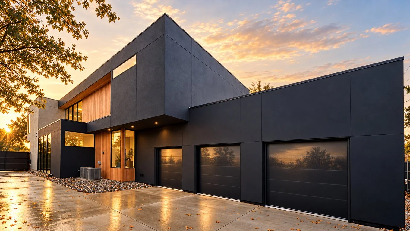 Modern luxury home exterior with a dramatic black facade, natural wood accents, expansive windows, and three sleek black garage doors. The contemporary residence features clean architectural lines, a spacious concrete driveway, decorative river rock 