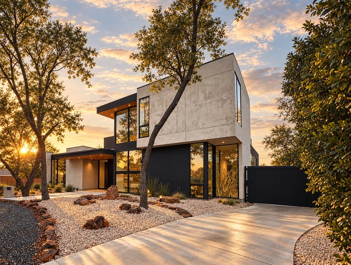 Modern luxury home exterior at sunset featuring a striking two-story contemporary design with white textured concrete walls, black accents, expansive floor-to-ceiling windows, warm interior lighting, desert-inspired landscaping, mature trees, natural