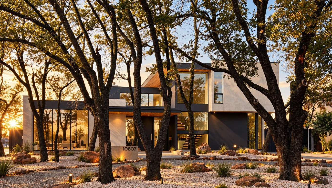 Luxury modern home in Dallas, Texas, featuring contemporary architecture, floor-to-ceiling windows, dark exterior accents, warm wood details, and a desert-inspired landscaped front yard with mature oak trees, decorative rocks, and native plants at go