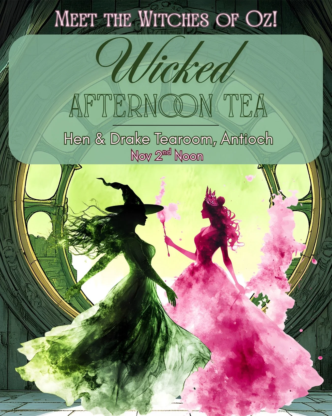 💚✨The Wicked Tea Experience✨💖

Join us Saturday, Nov 2 at noon @henanddraketea in Antioch for a Wicked Afternoon Tea Experience! 🫖

Meet Glinda &amp; Elphaba: two best friends whose bond is truly &quot;Unlimited&quot;. Enjoy four courses of Oz-maz