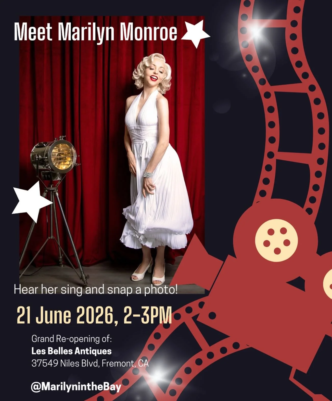 A rare public event! ⭐️💋⭐️

I will be performing at the grand re-opening of Les Belles Antiques and Father's Day in historic Niles, CA! 🎶🎬

Photo taken by the fabulous @valcohenphotography 

#nilesca #fremontca #marilynmonroe #marilynmonroeimperso