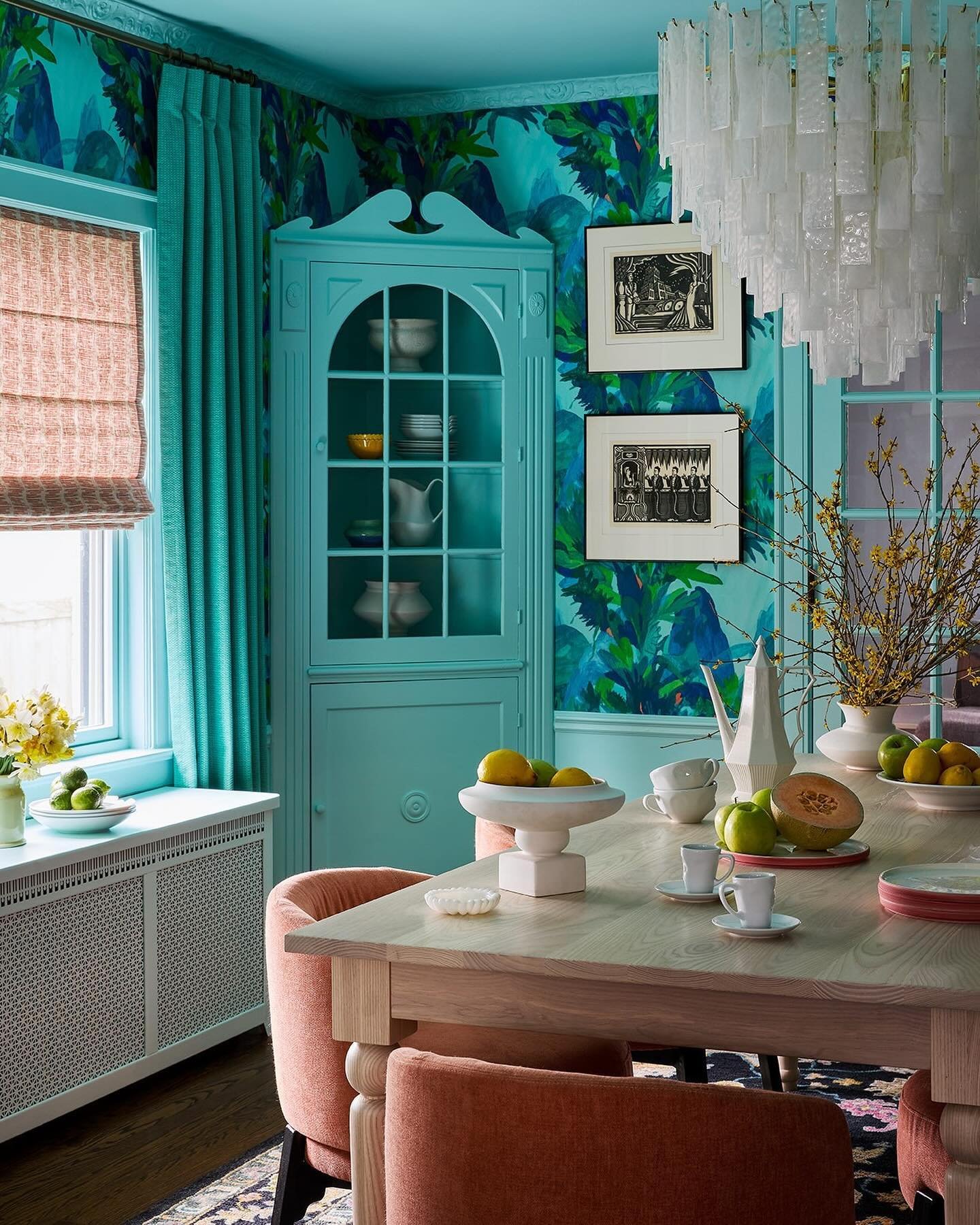 Transformation Tuesday: In full color effect! We went from vanilla blank slate to hello, personality! This dining room got covered in a botanical paper with an edge of tropicality and peeks of landscape, and we pulled the aqua ground into the rest of