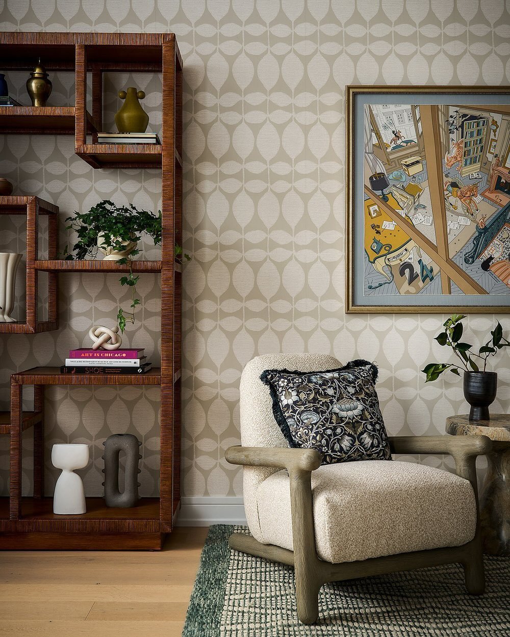 Happy #WallpaperWednesday! Wallpaper is a great tool to help create intentional spaces in a large room. At #UNPSecondBase, our client&rsquo;s large great room had an awkward, long nook we weren&rsquo;t sure what to do with. After some brainstorming, 