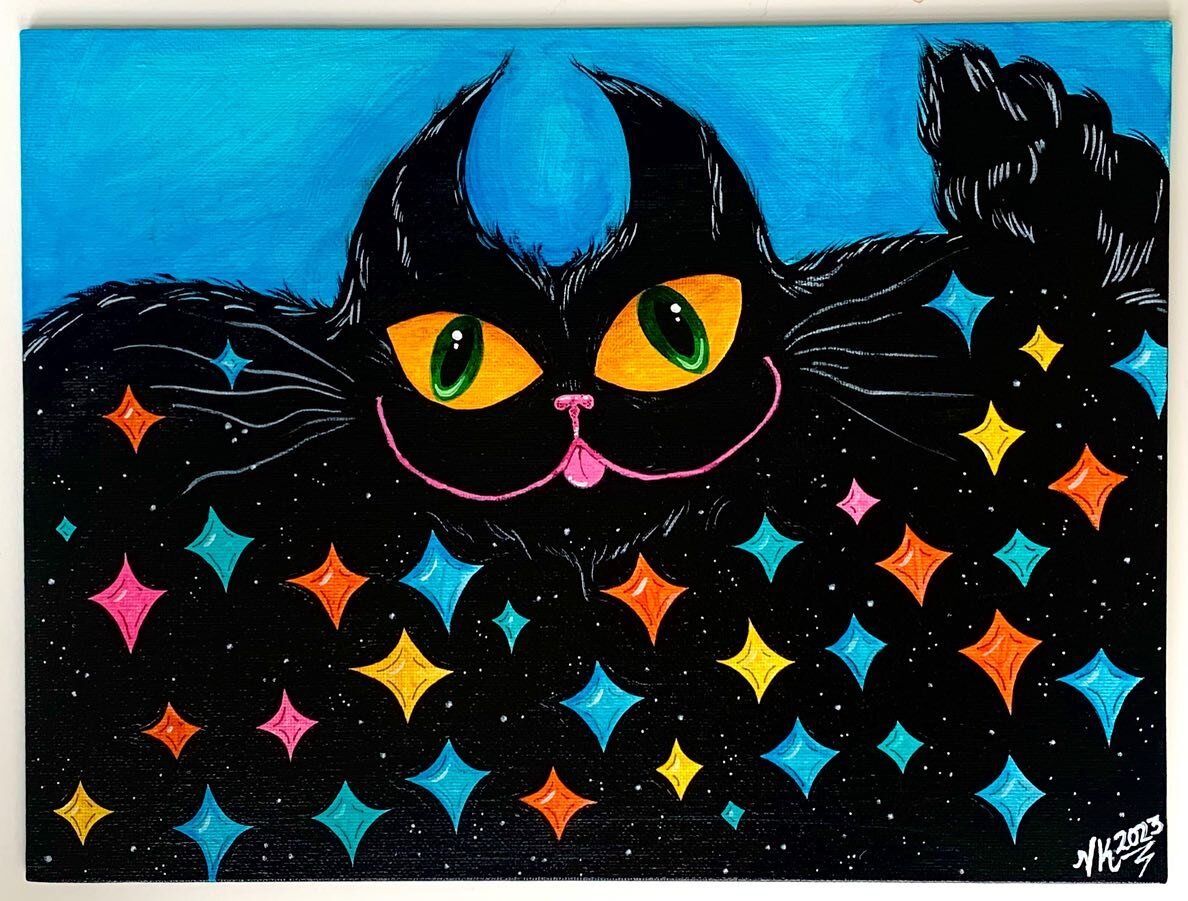 &ldquo;Sparkly Things&rdquo; 🎄 🐈&zwj;⬛ 
9&rdquo;x12&rdquo;
Acrylic on canvas 
🔴
.
.
A cute silly thing to get us from the best season (🎃) to the second best season (🎅🏼) ✨🎄🐈&zwj;⬛
.
.
.
#nycart #nycartist #canvaspainting #painting #forsale #vk