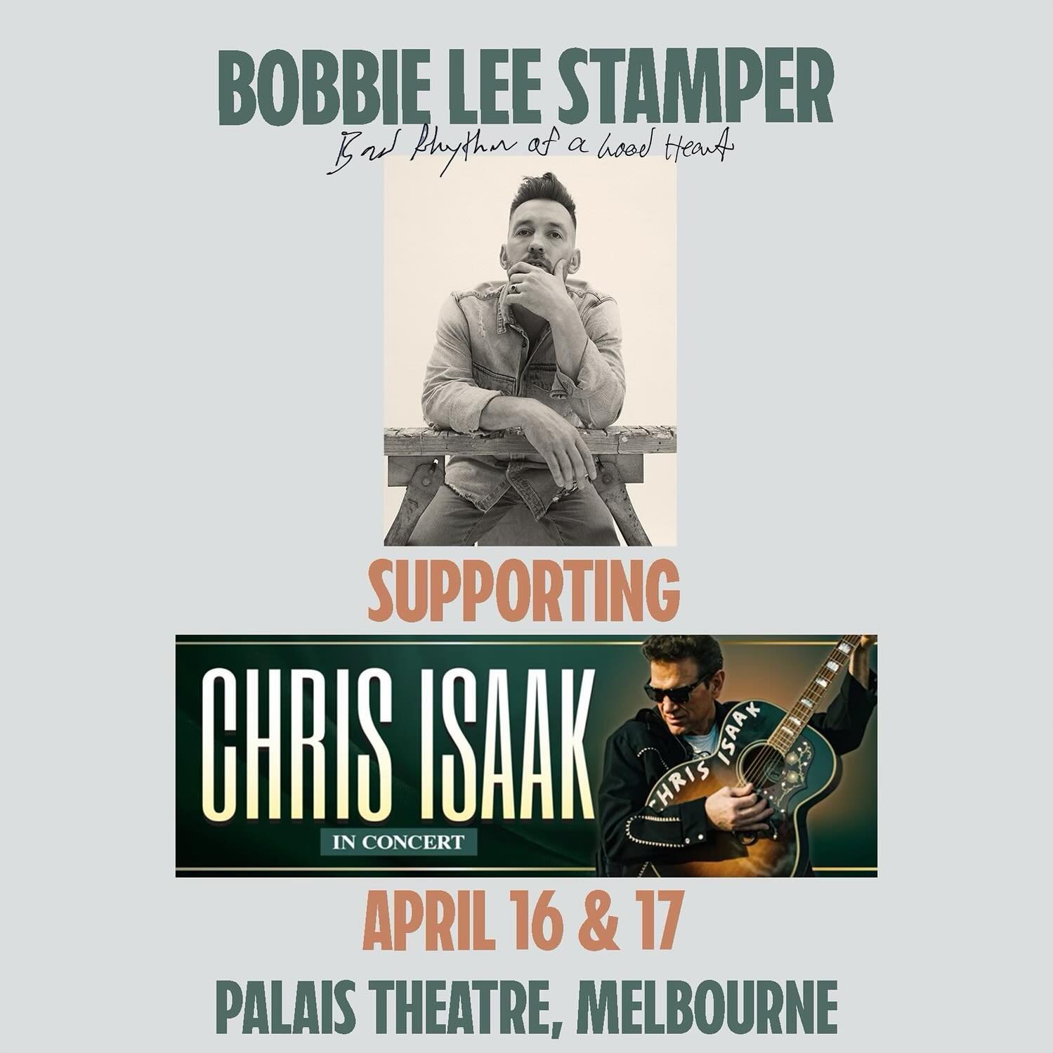 Melbourne! I&rsquo;m coming to you tomorrow to open for the incomparable, inimitable @chrisisaak ⚡️ I&rsquo;ve been a big fan of his for so many years now; I remember buying Heart Shaped World on CD and being blown away by his performance. He is incr