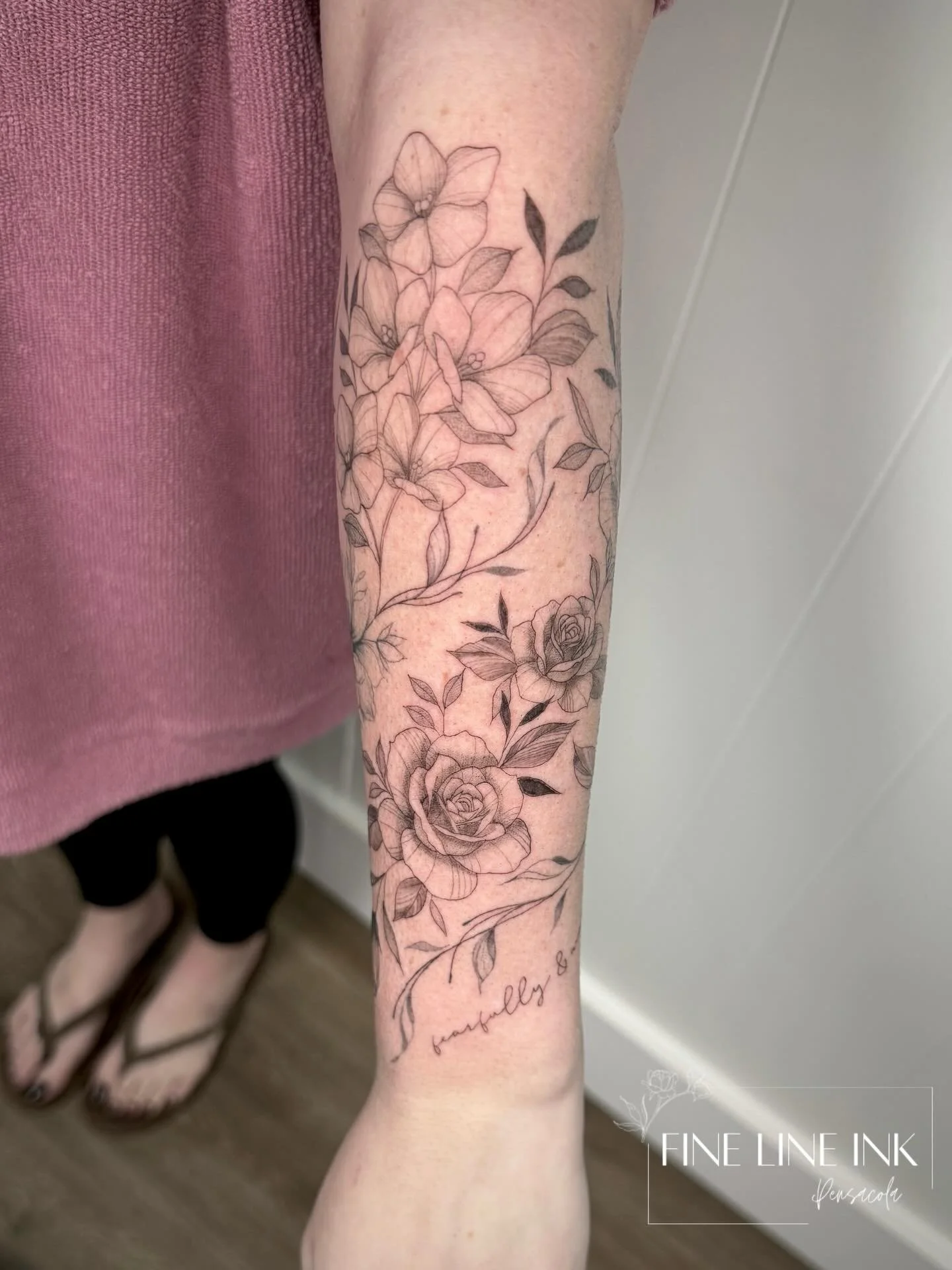 We built around her original vine wrap and gave it the floral moment it deserved 🌸 

Half sleeve complete&hellip;full sleeve loading.
 #finelinetattoopensacola#pensacolatattoo#finelinetattoo#floraltattoo
