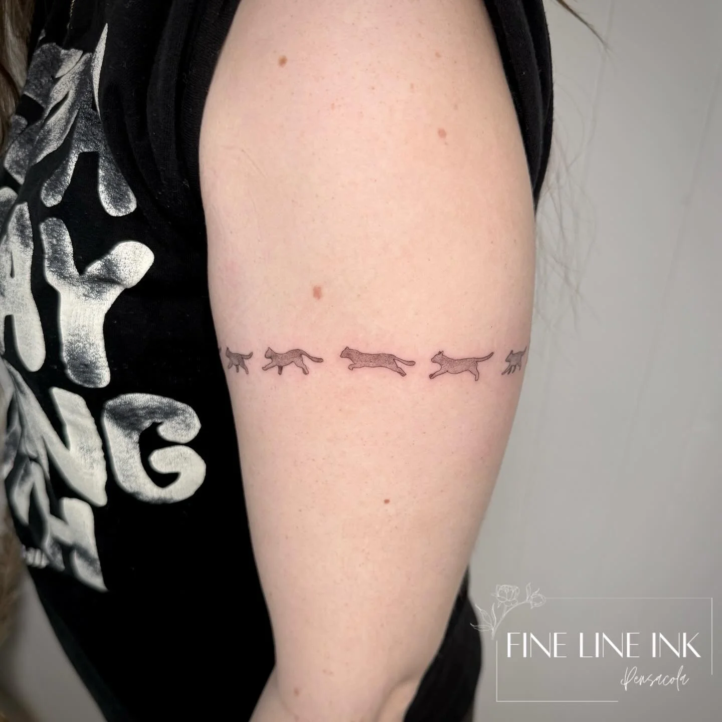 Arm band of black cats 🐈&zwj;⬛ for her baby Pepper. 

She didn&rsquo;t want them solid so we did some shading instead. 

She also got this pretty sand dollar 😍

#finelinetattoo#pensacolatattoo#finelinetattoopensacola