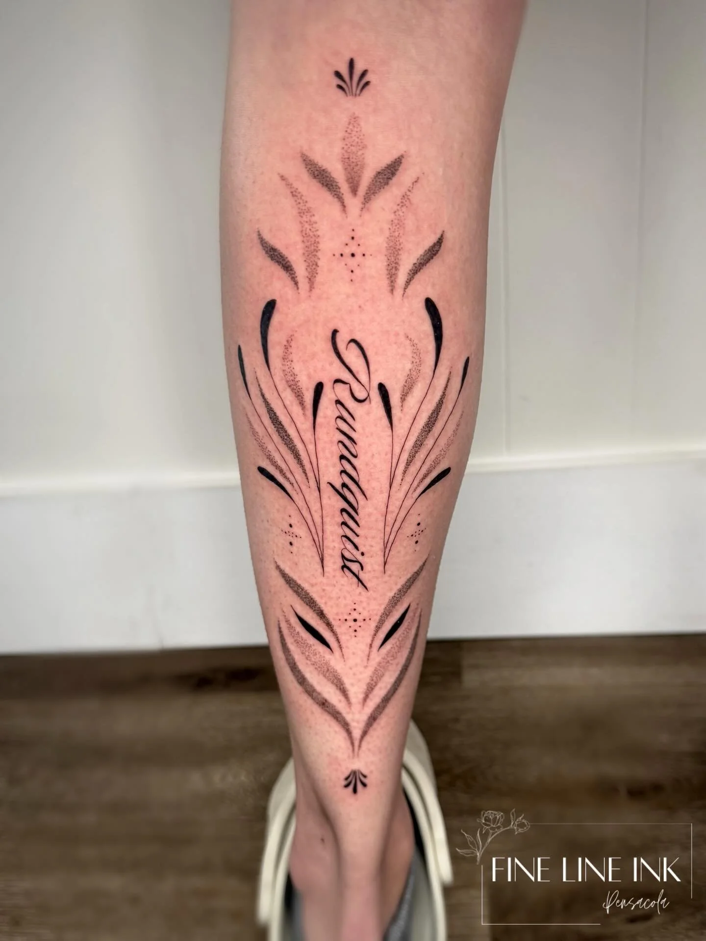 Ornamental calf design with her maiden name in the center ✨

We did an ornamental shin design over a year ago! Next appointment we&rsquo;ll add designs to the side to make it a lower leg sleeve ✨

#finelinetattoo#pensacolatattoo#calftattoo#ornamental