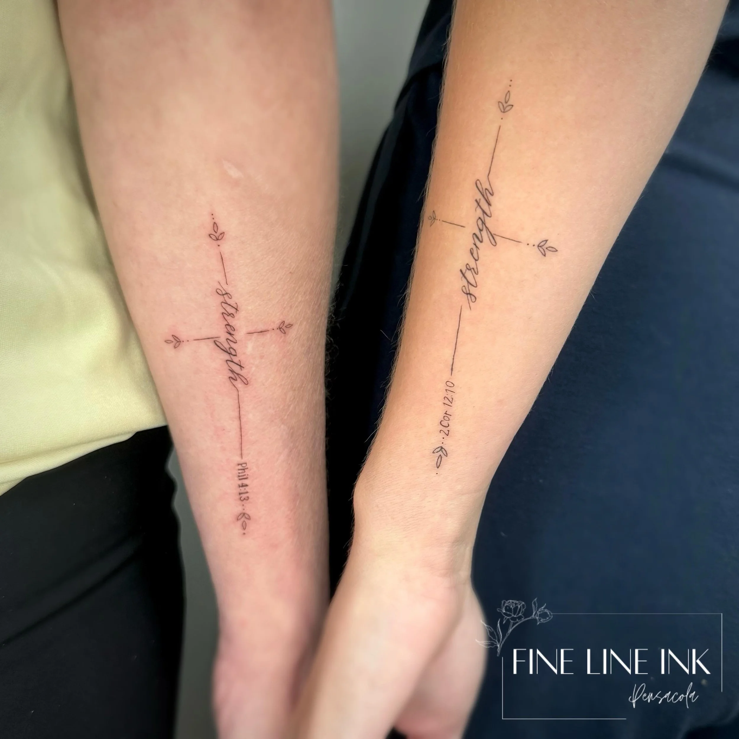 Mother Daughter matching first tattoos ✝️

Each got a different verse and opposite arm placement. 

Such an honor to be trusted with your first tattoos 🫶🏼

#finelinetattoo#pensacolatattoo#finelinetattoopensacola#crosstattoo#fineline