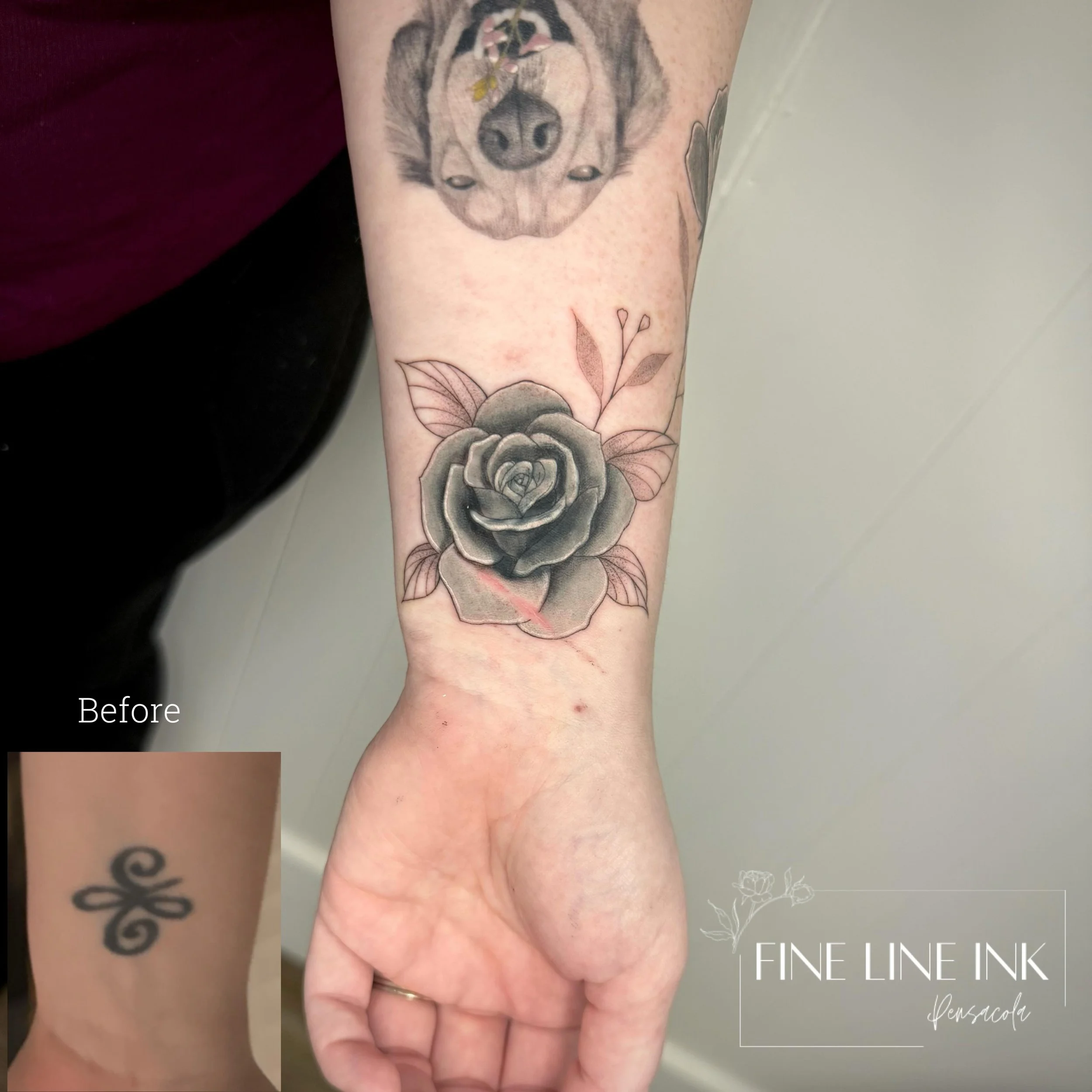 Rose cover up + a rose vine 🌹

She decided on opaque greys instead of color and I love how they look!! 

We had to go around a recent cat scratch on her wrist. Once healed we&rsquo;ll get it covered. 

*pup portrait healed 1 year 

#finelinetattoo#p