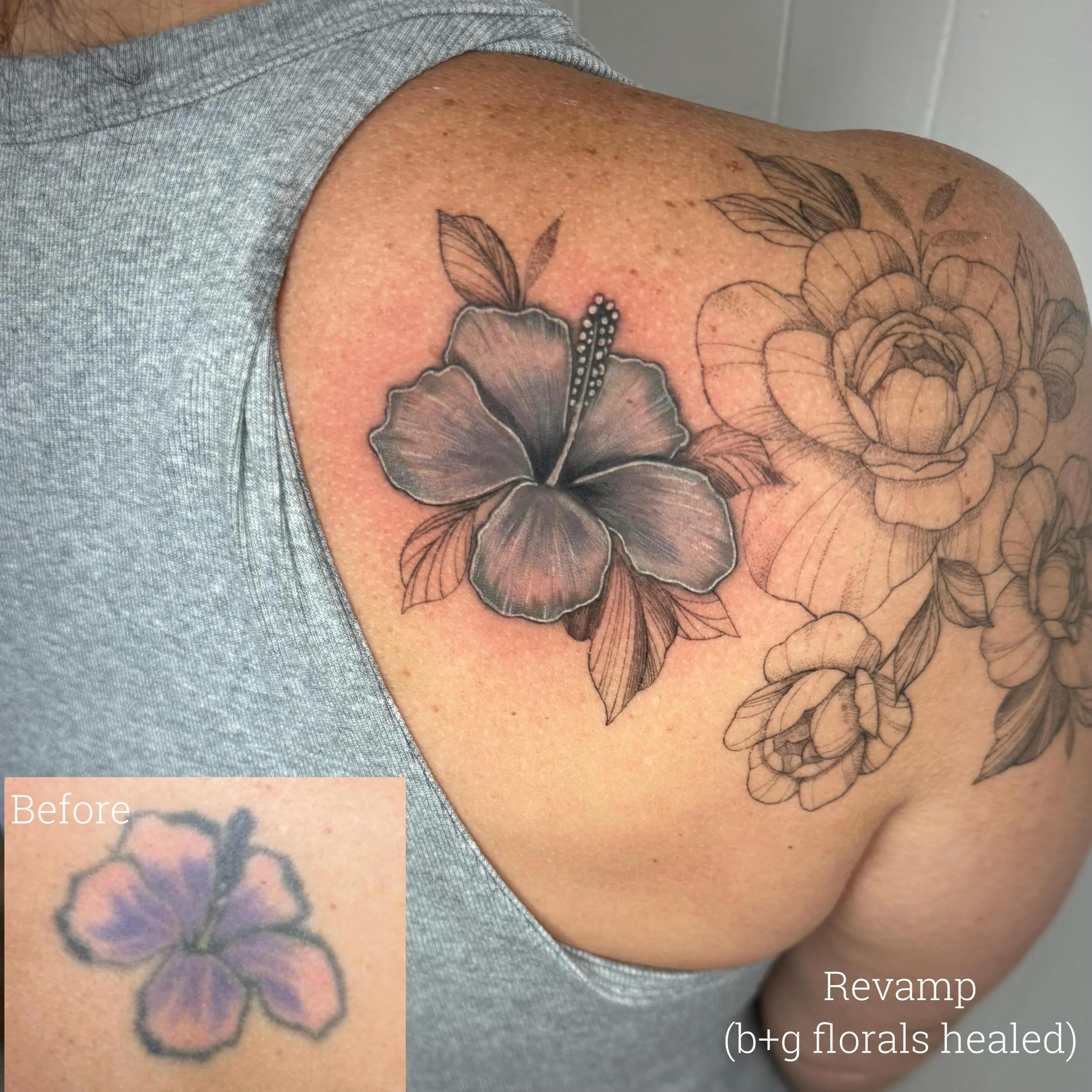 ʀ ᴇ ᴡ ᴏ ʀ ᴋ

SWIPE FOR PROGRESS &mdash;> 

Started with adding some fine line florals around her previous tattoo. 

She didn&rsquo;t want color anymore so we used opaque greys in the hibiscus! 

Next we plan to add two more opaque grey flowers in 