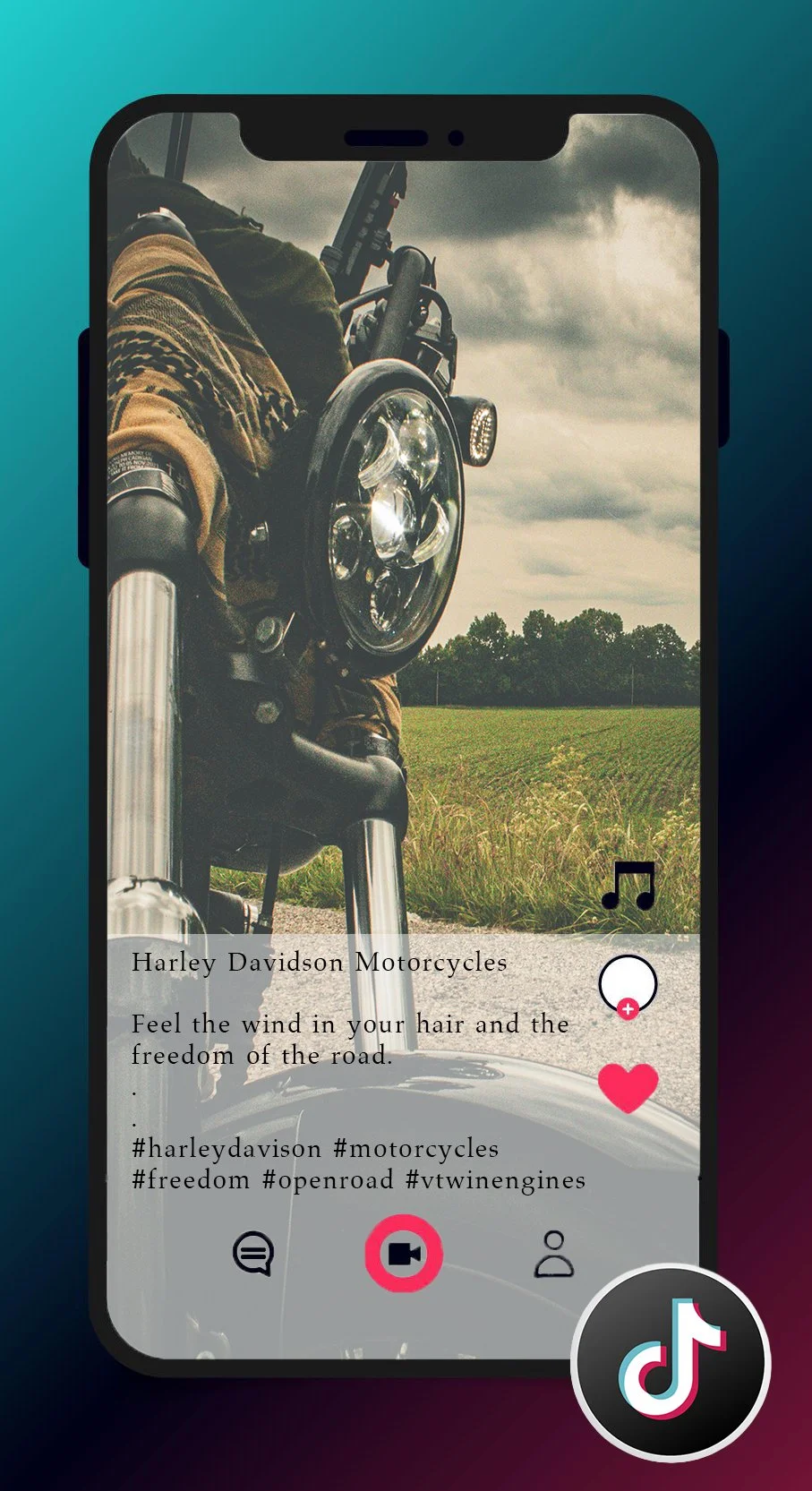 Smartphone screen showing a TikTok video about Harley Davidson Motorcycles with a background of a rider on a motorcycle on the road, featuring icons for music, love, comments, and recording, and a TikTok logo.