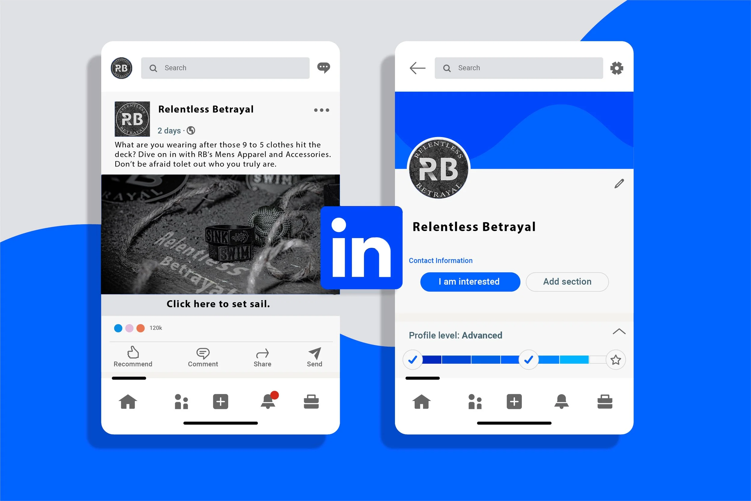 Two smartphone screens displaying social media and LinkedIn profiles for 'Relentless Betrayal,' with blue and gray background and LinkedIn logo between them.