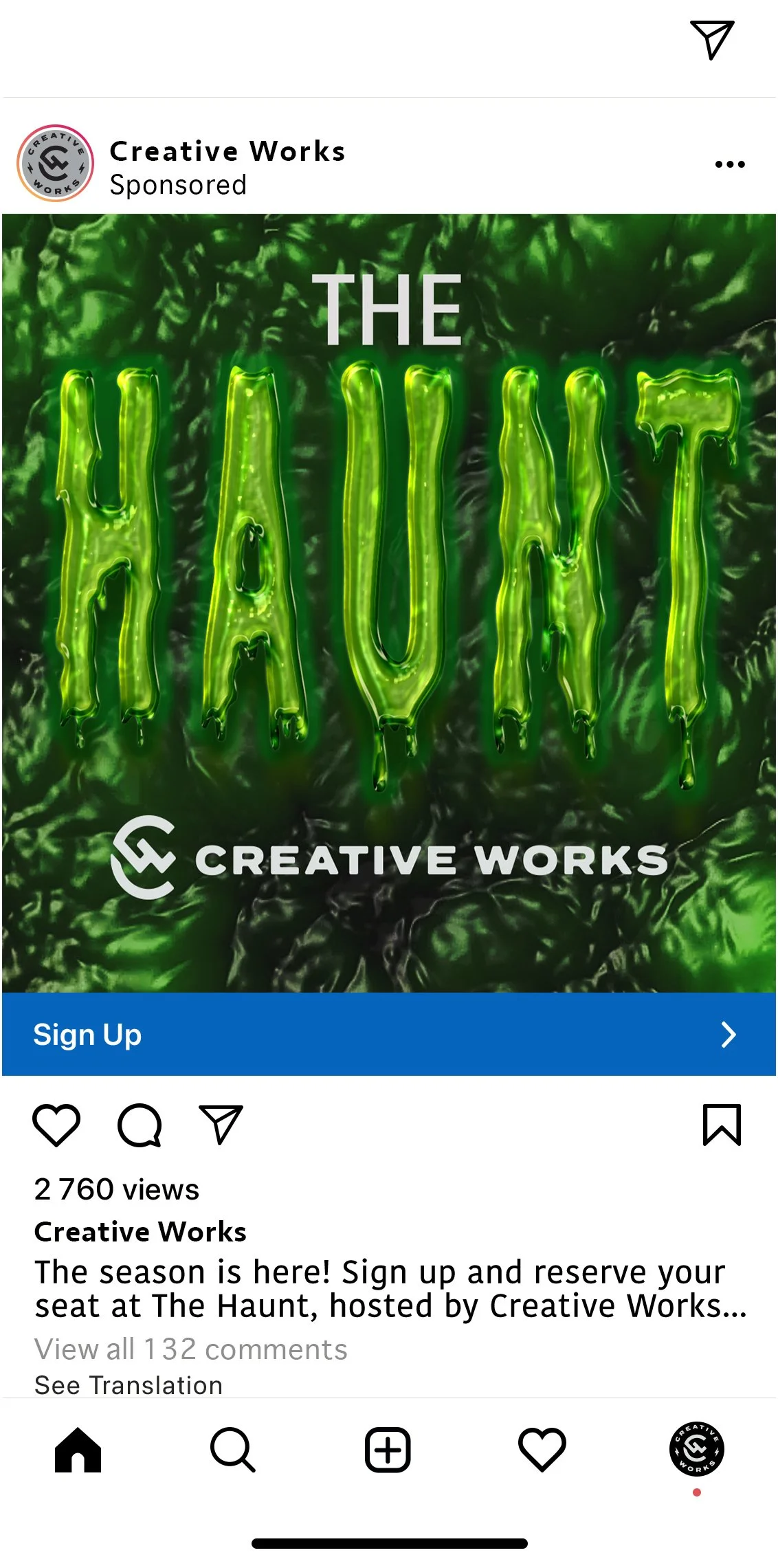 Green glowing, gooey letters spelling 'HAUNT' against a dark, eerie background promoting a sign-up for a haunted house event hosted by Creative Works.
