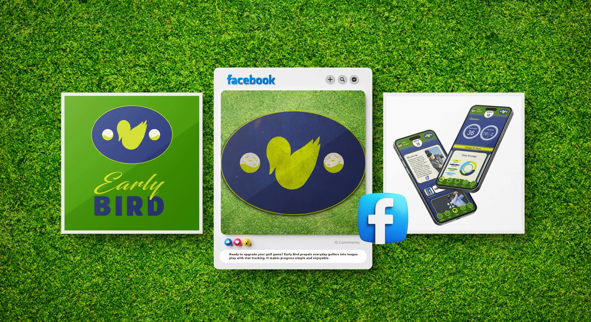 Graphic showcasing early bird golf game with logos, Facebook post, and mobile app interface allowing score tracking on a grassy background.