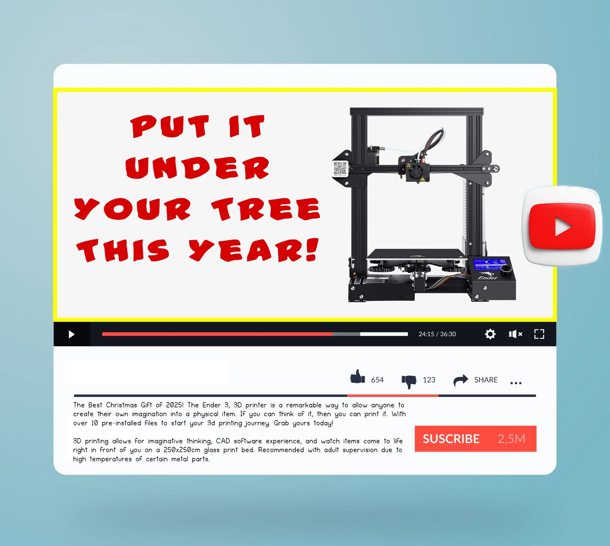 Video thumbnail showing a 3D printer and a message 'Put it under your tree this year!'