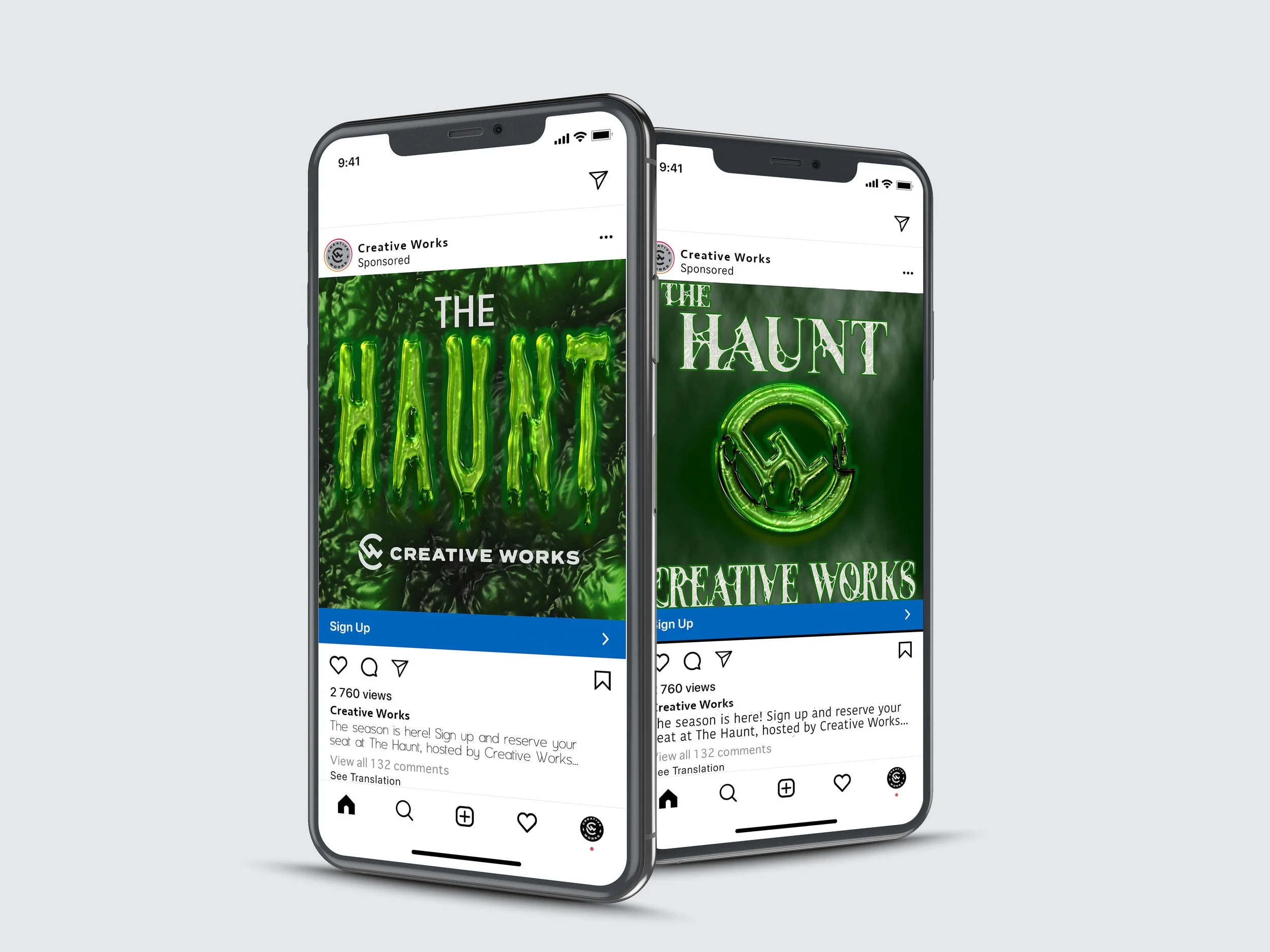 Two smartphones displaying promotional images for 'The Haunt' event by Creative Works, with green, spooky-themed text and graphics.