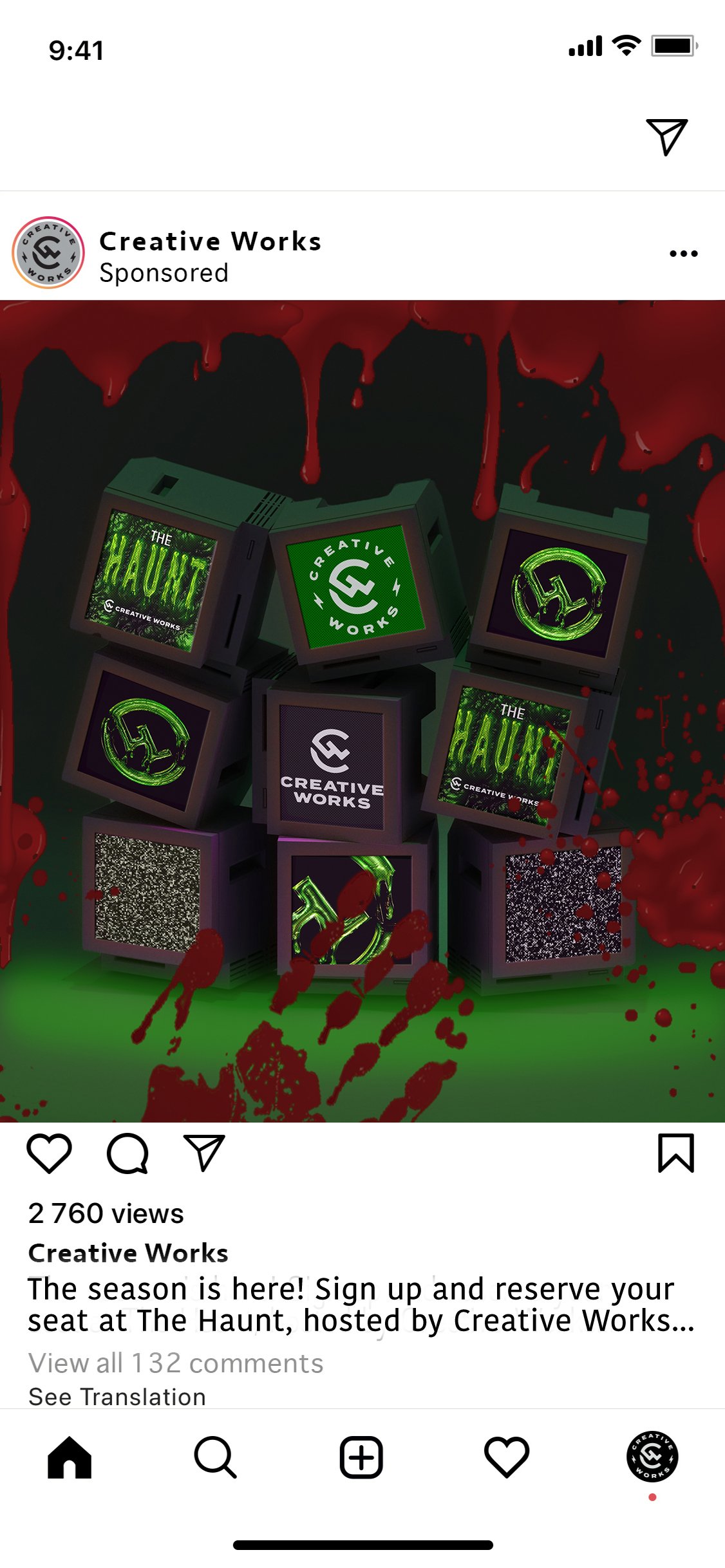 promotional image for a Halloween event called 'The Haunt,' hosted by Creative Works, featuring spooky, glowing monitors and red splatters resembling blood.