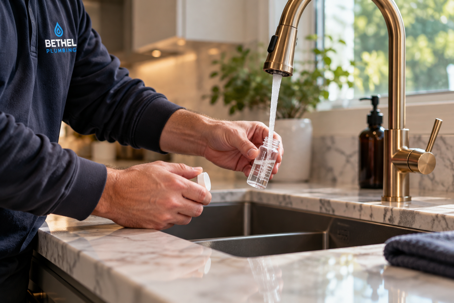 Bethel technician testing water at a kitchen faucet